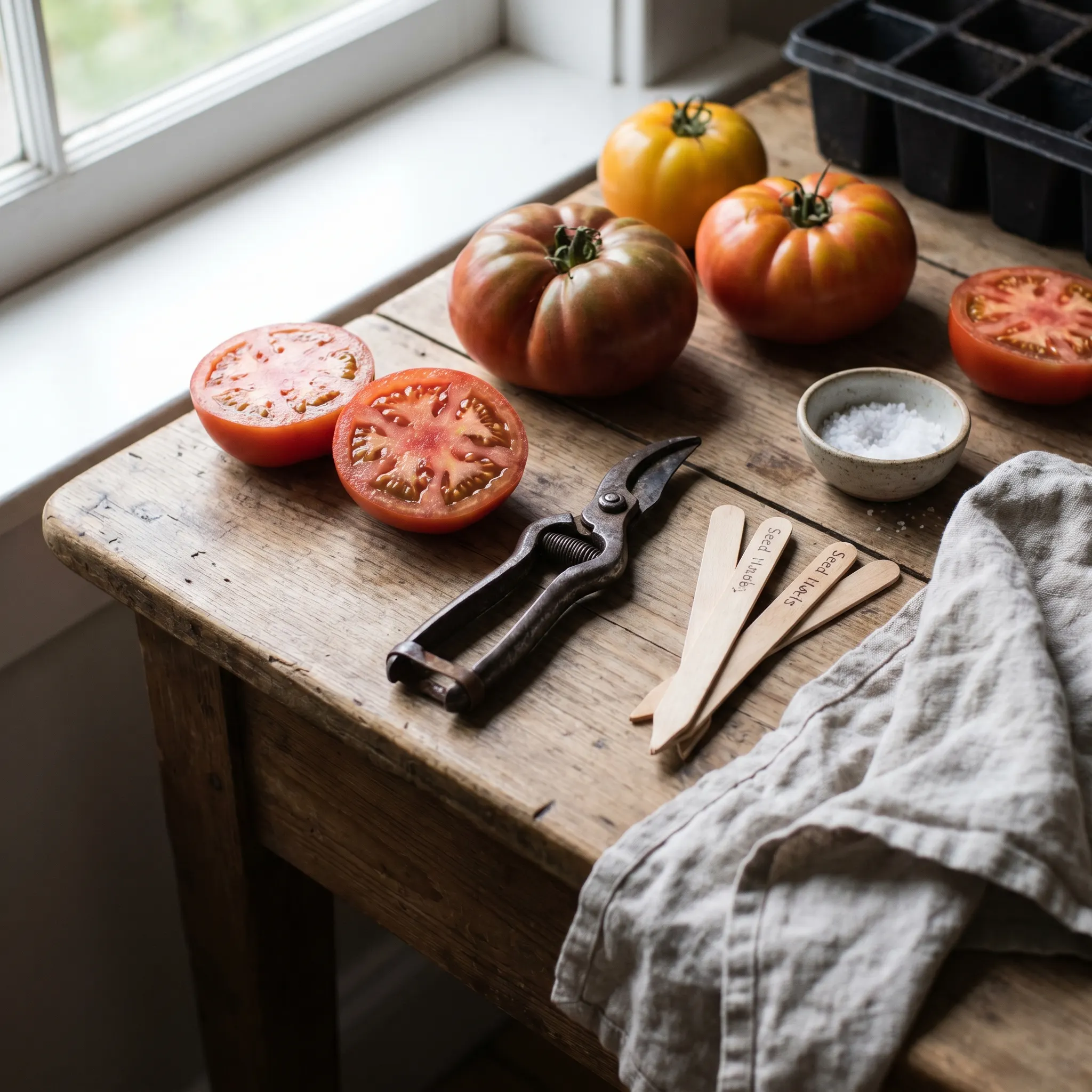 Cut tomatoes, seed labels, pruning scissors, and salt arranged on a work table