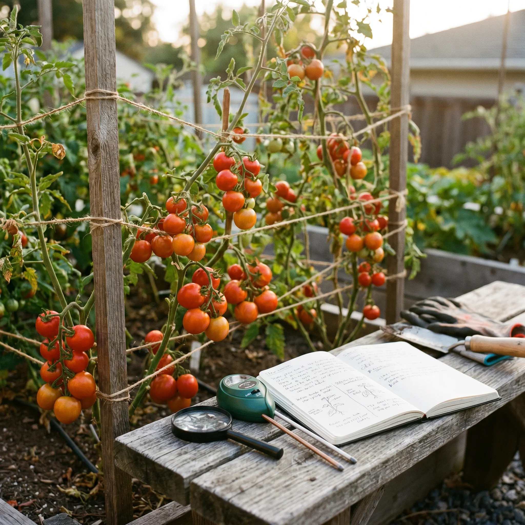 Tomato vines, hand tools, and a notebook in a backyard garden