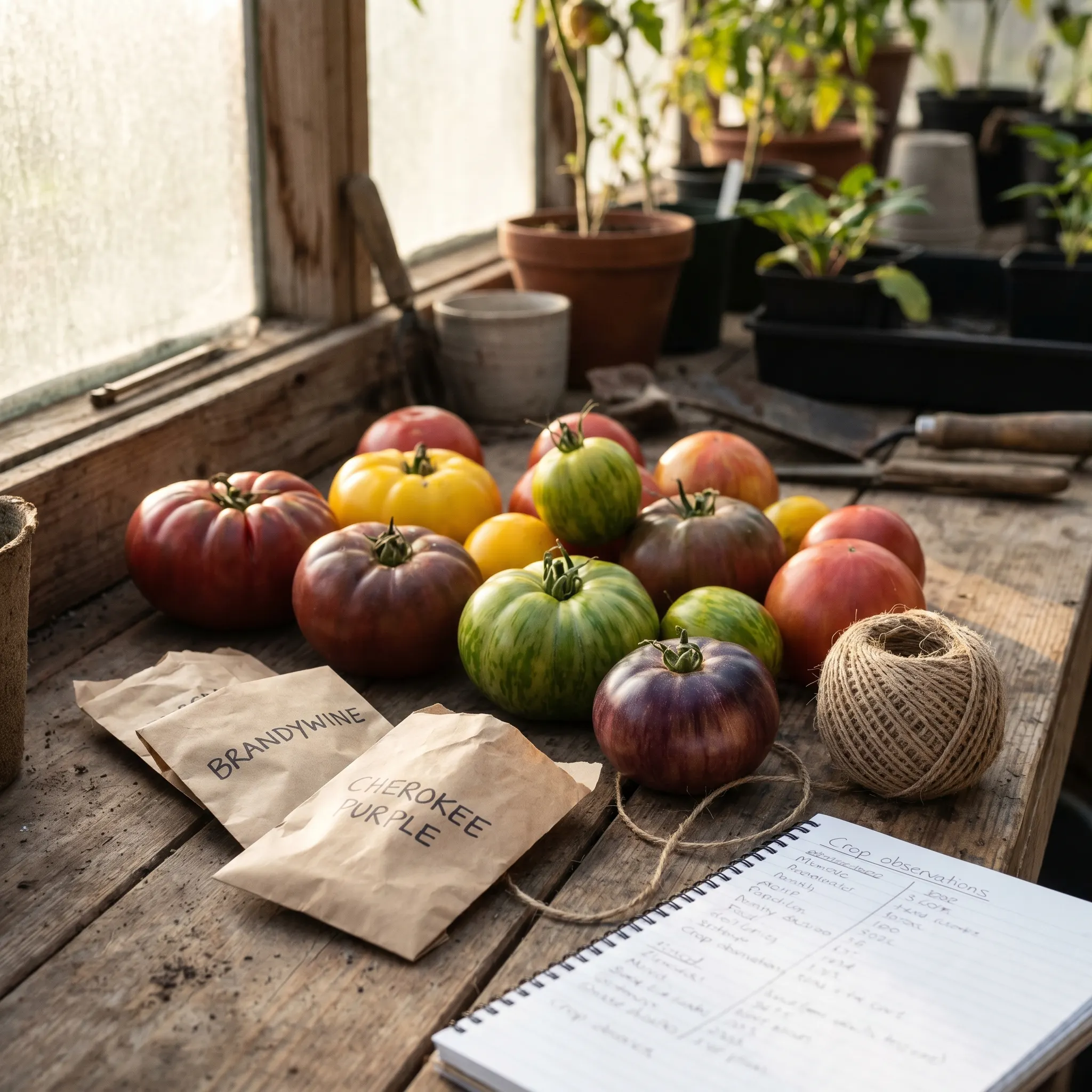 Heirloom tomatoes, seed packets, and crop notes arranged on a greenhouse workbench