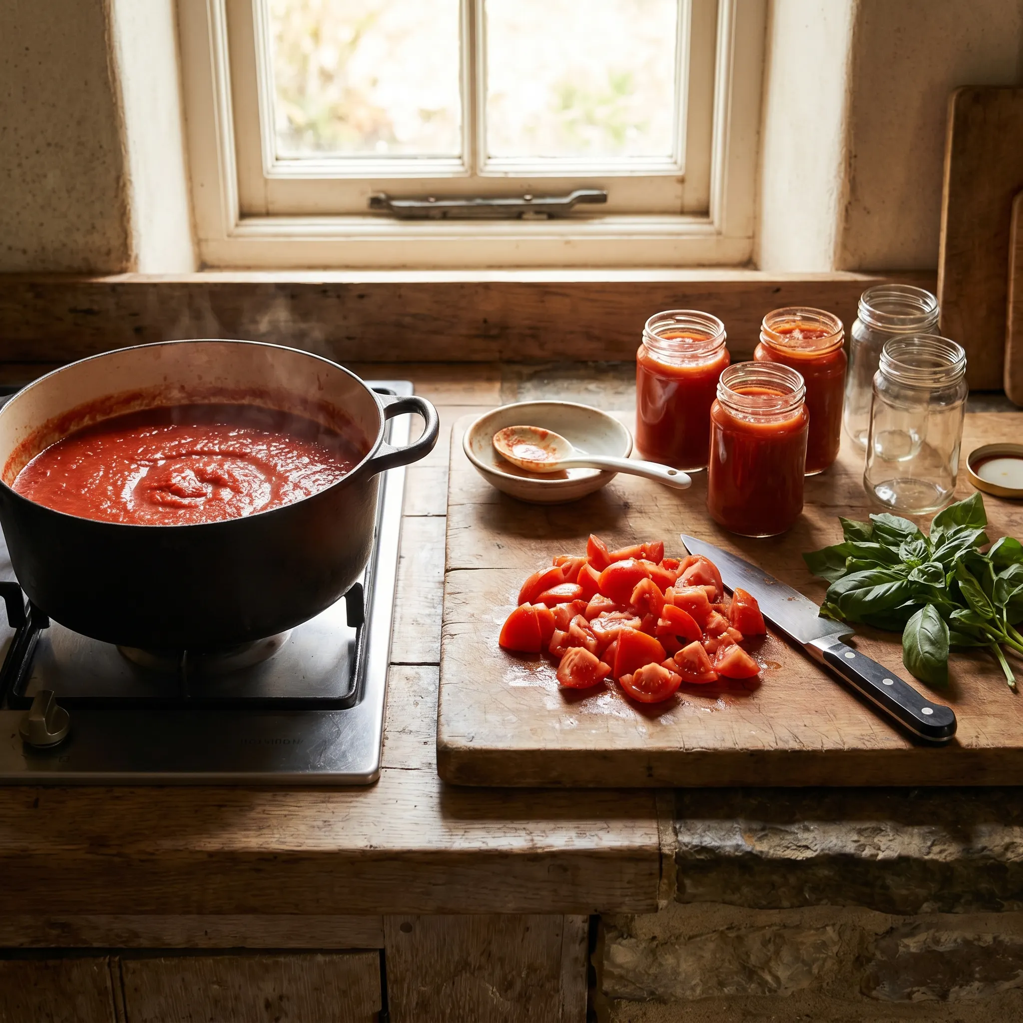 Tomato sauce, chopped tomatoes, jars, basil, and kitchen tools on a counter