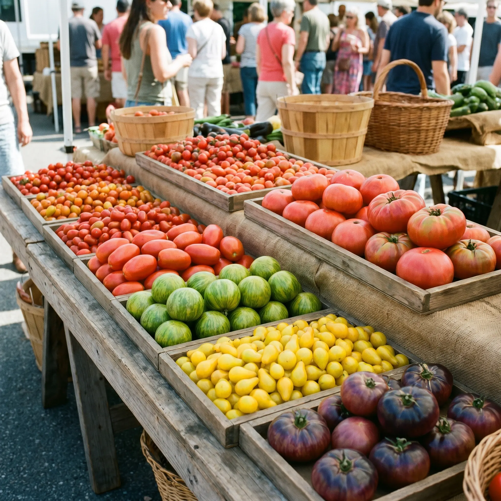 Different tomato varieties sorted in shallow wooden trays